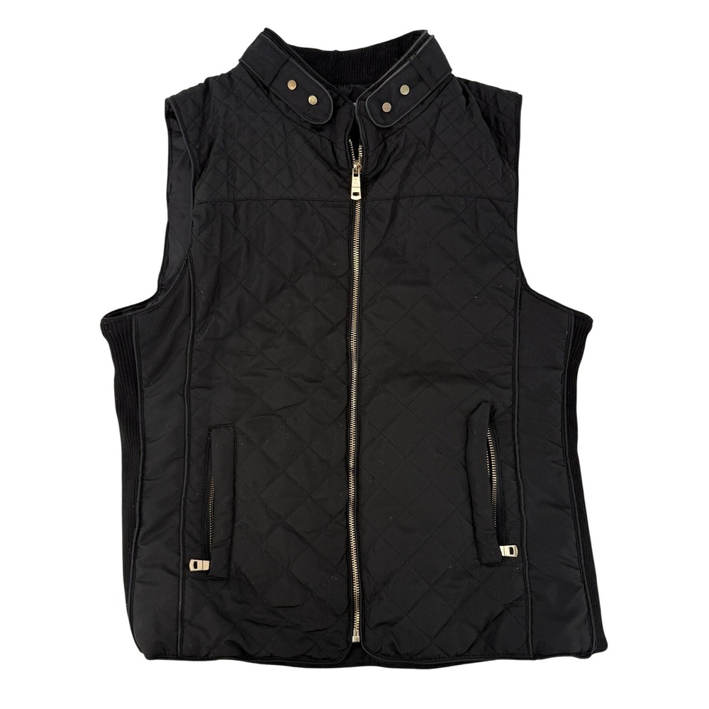 My Beloved Womens Black Quilted Vest‎ Gold Hardware Ribbed Sides Contemporary